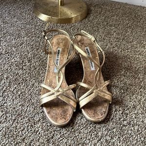 Manolo Blahnik gold sandal wedge